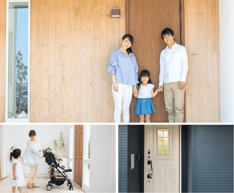 写真：玄関ドア前に集まる家族